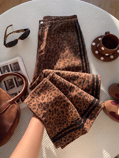 Slaydiva Plus Size Vintage Leopard Print Drawstring Wide Leg Long Pants With Black Side Webbing, Double Back Patch Pockets, High Waist, Street Style, Draped Floor-Length Casual Pants