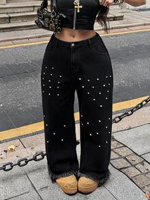 Jeanoix Jeans Denim Lurus Wanita Ukuran Plus Gaya Y2K Kasual 90-an dengan Hiasan Kancing Warna Polos, Model Washed, Cocok untuk Halloween, Acara Malam Hari, dan Musim Panas. - Hitam - View 8