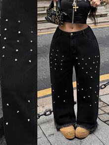 Jeanoix Jeans Denim Lurus Wanita Ukuran Plus Gaya Y2K Kasual 90-an dengan Hiasan Kancing Warna Polos, Model Washed, Cocok untuk Halloween, Acara Malam Hari, dan Musim Panas. - Hitam - View 1