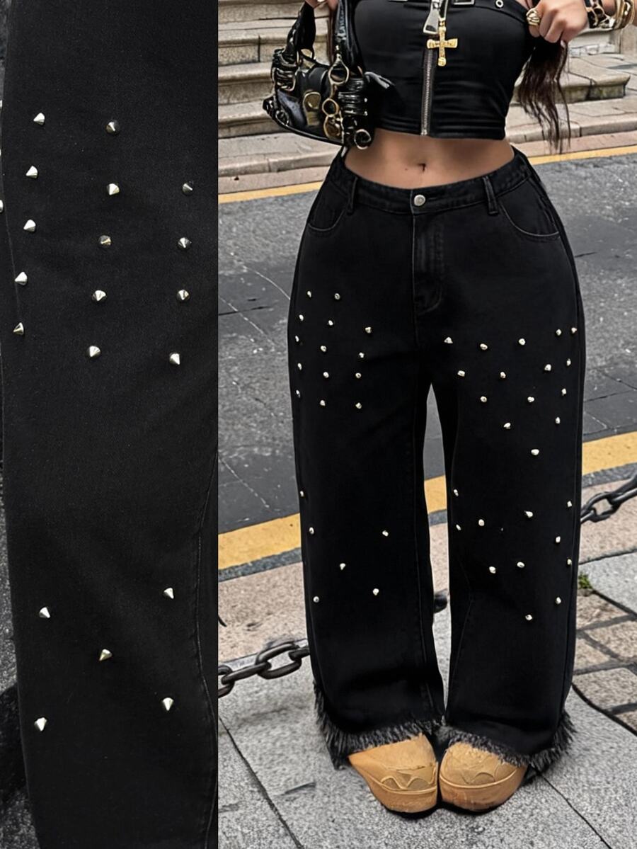 Jeanoix Jeans Denim Lurus Wanita Ukuran Plus Gaya Y2K Kasual 90-an dengan Hiasan Kancing Warna Polos, Model Washed, Cocok untuk Halloween, Acara Malam Hari, dan Musim Panas. - Hitam - View 1
