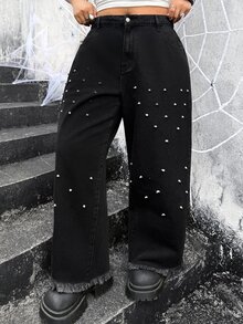 Jeanoix Jeans Denim Lurus Wanita Ukuran Plus Gaya Y2K Kasual 90-an dengan Hiasan Kancing Warna Polos, Model Washed, Cocok untuk Halloween, Acara Malam Hari, dan Musim Panas. - Hitam - View 5