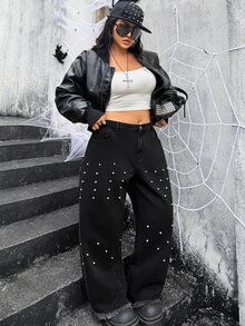 Jeanoix Jeans Denim Lurus Wanita Ukuran Plus Gaya Y2K Kasual 90-an dengan Hiasan Kancing Warna Polos, Model Washed, Cocok untuk Halloween, Acara Malam Hari, dan Musim Panas. - Hitam - View 7