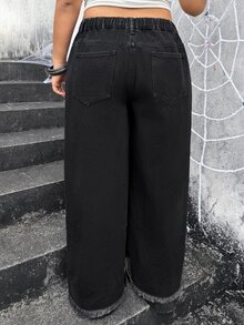 Jeanoix Jeans Denim Lurus Wanita Ukuran Plus Gaya Y2K Kasual 90-an dengan Hiasan Kancing Warna Polos, Model Washed, Cocok untuk Halloween, Acara Malam Hari, dan Musim Panas. - Hitam - View 2