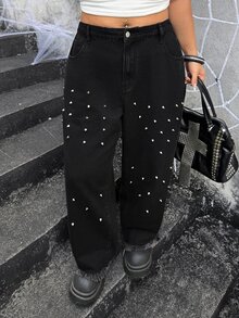 Jeanoix Jeans Denim Lurus Wanita Ukuran Plus Gaya Y2K Kasual 90-an dengan Hiasan Kancing Warna Polos, Model Washed, Cocok untuk Halloween, Acara Malam Hari, dan Musim Panas. - Hitam - View 3