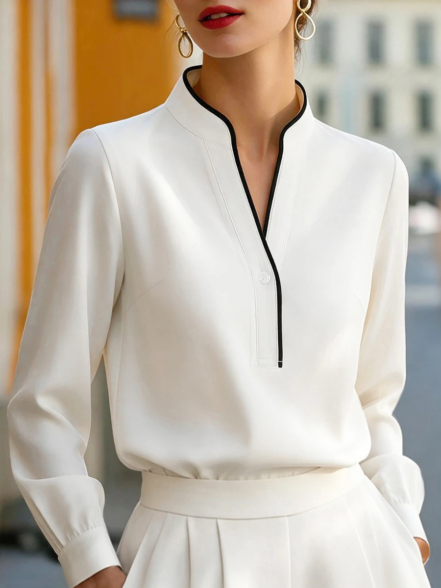 SHEIN Women's Colorblock Notched V-Neck Casual Commute Long Sleeve Blouse - White - View 1