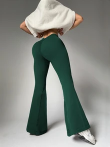Eassivo Eassivo Women's Solid Color Ruched Waist Deep V Sports Flare Pants - Dark Green - View 6