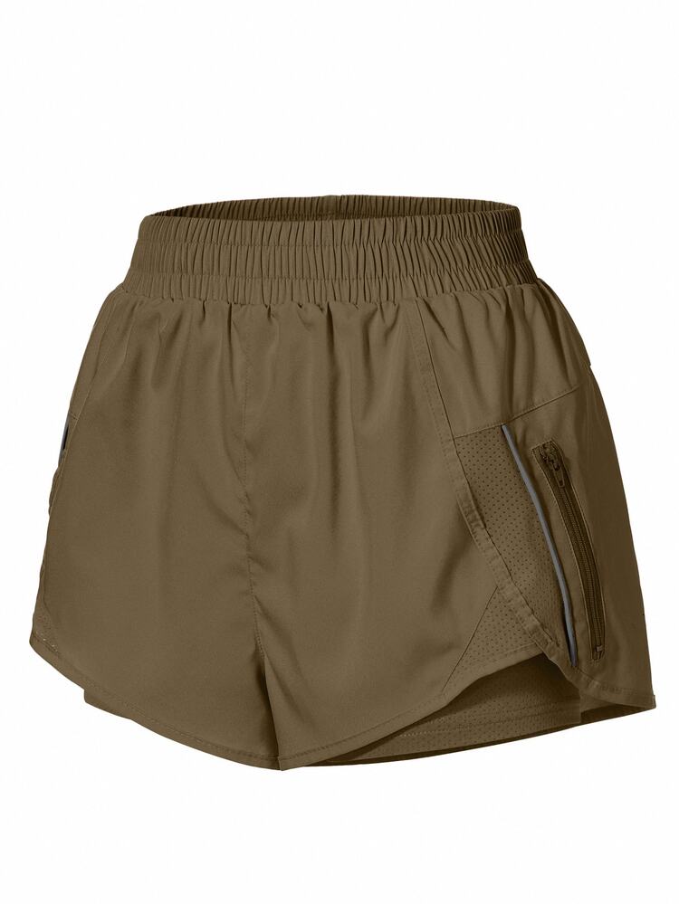 SHEIN Sports Women's Elastic Waist Zipper Pocket Loose Casual Shorts - Brown - View 5