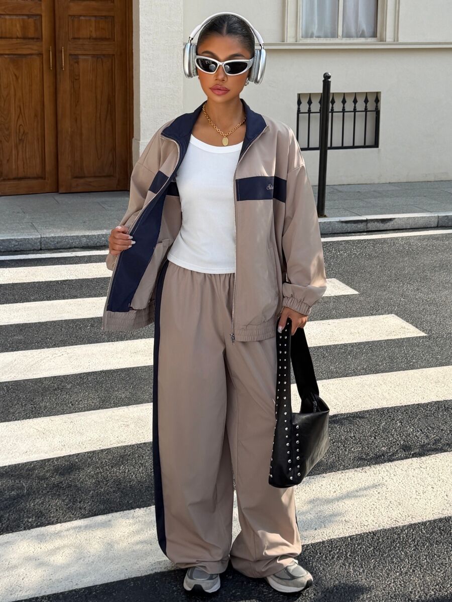 Muchica 2 Piece Set Woman Winter Fall Khaki And Navy Blue Letter-Print Drop-Shoulder Jacket And Elastic-Waist Trousers Set 2000s Style - Multicolor - View 1