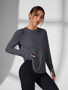 Eassivo Eassivo 女式纯色圆领长袖交叉后背设计运动T恤 - 深灰色 - 查看 6