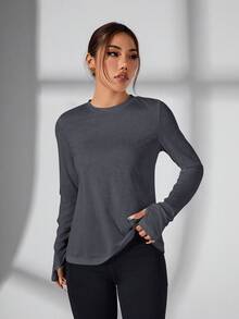 Eassivo Eassivo 女式纯色圆领长袖交叉后背设计运动T恤 - 深灰色 - 查看 2