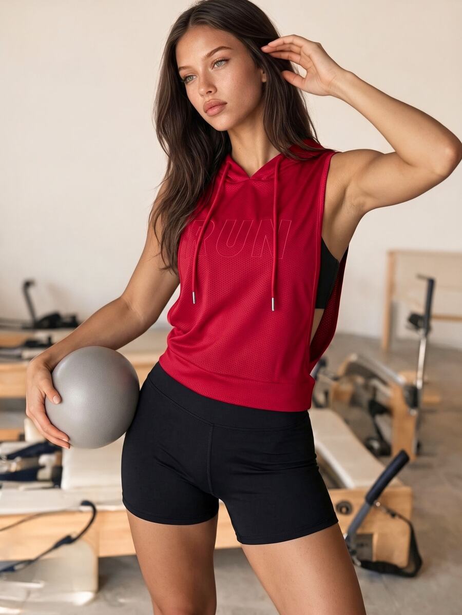 Eassivo Eassivo Women's Sporty Red Sleeveless Breathable Hooded Lightweight Sports Sweatshirt For Summer Training Casual Simple Solid Color Sleeveless Top