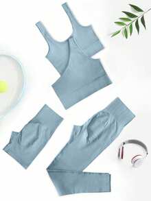 Eassivo Eassivo 女士罗纹瑜伽运动服套装女士健身套装女士紧身裤套装健身房女士服装 - 藍色 - 查看 2