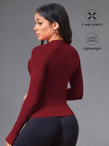 Eassivo Eassivo Women's Solid Color Round Neck Raglan Sleeve Fitted Sports T-Shirt/Seamless/Thumb Hole - Red - View 3