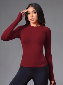 Eassivo Eassivo Women's Solid Color Round Neck Raglan Sleeve Fitted Sports T-Shirt/Seamless/Thumb Hole - Red - View 7