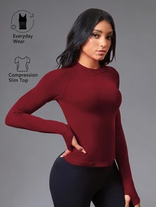 Eassivo Eassivo Women's Solid Color Round Neck Raglan Sleeve Fitted Sports T-Shirt/Seamless/Thumb Hole - Red - View 5