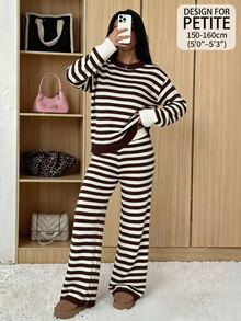 SHEIN PETITE Setelan Dua Potong Sweater Bergaris Cokelat Bergaya untuk Wanita Bertubuh Mungil – Pakaian Kerja Kasual Elegan - Coklat - View 1