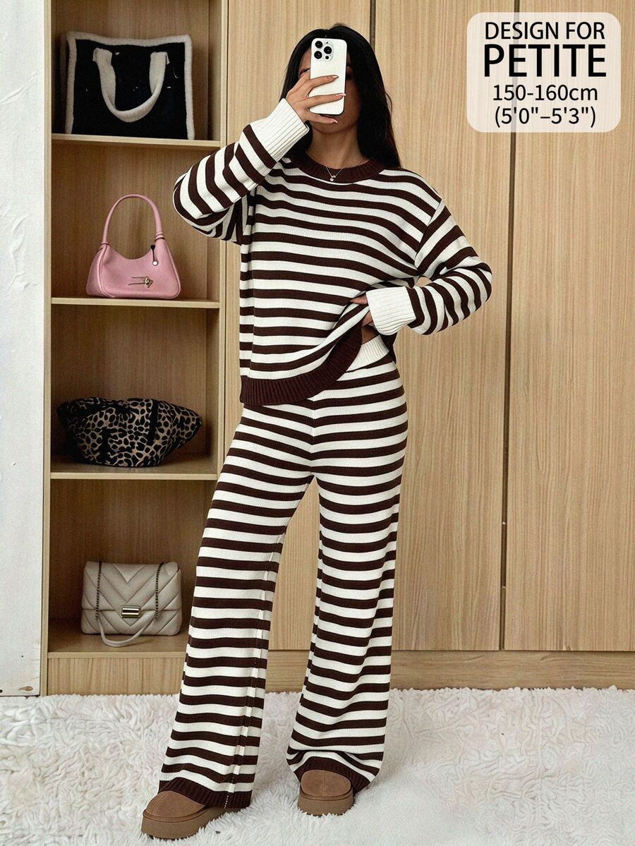 SHEIN PETITE Setelan Dua Potong Sweater Bergaris Cokelat Bergaya untuk Wanita Bertubuh Mungil – Pakaian Kerja Kasual Elegan - Coklat - View 1
