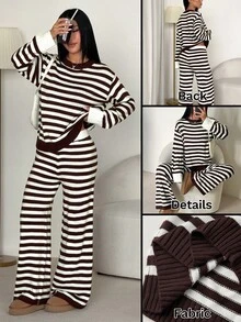SHEIN PETITE Setelan Dua Potong Sweater Bergaris Cokelat Bergaya untuk Wanita Bertubuh Mungil – Pakaian Kerja Kasual Elegan - Coklat - View 4