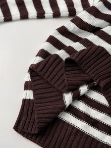 SHEIN PETITE Setelan Dua Potong Sweater Bergaris Cokelat Bergaya untuk Wanita Bertubuh Mungil – Pakaian Kerja Kasual Elegan - Coklat - View 9