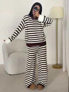 SHEIN PETITE Setelan Dua Potong Sweater Bergaris Cokelat Bergaya untuk Wanita Bertubuh Mungil – Pakaian Kerja Kasual Elegan - Coklat - View 3