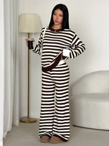 SHEIN PETITE Setelan Dua Potong Sweater Bergaris Cokelat Bergaya untuk Wanita Bertubuh Mungil – Pakaian Kerja Kasual Elegan - Coklat - View 8
