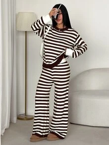 SHEIN PETITE Setelan Dua Potong Sweater Bergaris Cokelat Bergaya untuk Wanita Bertubuh Mungil – Pakaian Kerja Kasual Elegan - Coklat - View 7