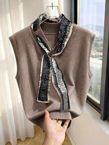 Penseblé 优雅设计女士围巾领带针织宽松背心 - 棕色 - 查看 4