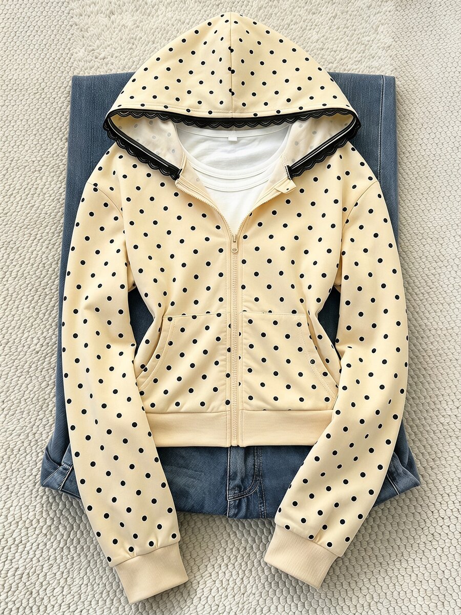 SHEIN 秋冬女童連帽拉鍊外套 混搭街頭風可愛款 秋季服飾 針織布料運動衫 適合上學 黑白波點 - 黃色 - 查看 1