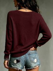 SHEIN Sweater Lengan Panjang Kasual Wanita Warna Polos Kerah V untuk Sehari-hari - Burgundy - View 2