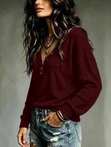 SHEIN Sweater Lengan Panjang Kasual Wanita Warna Polos Kerah V untuk Sehari-hari - Burgundy - View 3