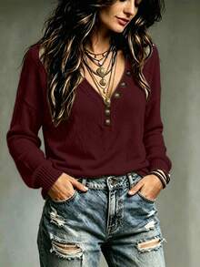 SHEIN Sweater Lengan Panjang Kasual Wanita Warna Polos Kerah V untuk Sehari-hari - Burgundy - View 4