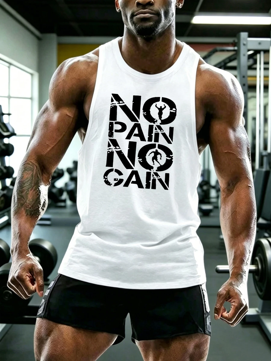 GymBeat Tank Top Olahraga Pria Kasual dengan Cetakan Huruf, Kerah Bulat, untuk Gym - Putih - View 1
