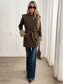 Yalmera Women's Pure Coffee Color Bowknot Lace-Up Button Decorated Cuff Patchwork Fur Elegant Jacket, Suitable For Autumn/Winter, Easter, Festivals, Parties, - Coffee Brown - View 7