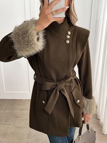 Yalmera Women's Pure Coffee Color Bowknot Lace-Up Button Decorated Cuff Patchwork Fur Elegant Jacket, Suitable For Autumn/Winter, Easter, Festivals, Parties, - Coffee Brown - View 4