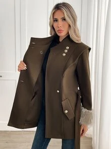 Yalmera Women's Pure Coffee Color Bowknot Lace-Up Button Decorated Cuff Patchwork Fur Elegant Jacket, Suitable For Autumn/Winter, Easter, Festivals, Parties, - Coffee Brown - View 5
