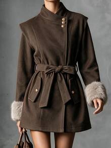 Yalmera Women's Pure Coffee Color Bowknot Lace-Up Button Decorated Cuff Patchwork Fur Elegant Jacket, Suitable For Autumn/Winter, Easter, Festivals, Parties, - Coffee Brown - View 3