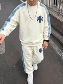 2件組青少年男孩仿丹寧拼接字母貼布繡運動衫與慢跑褲套裝，圓領長袖套頭上衣 + 鬆緊腰長褲，加厚街頭休閒穿搭，適合秋冬 - 彩色 - 查看 4