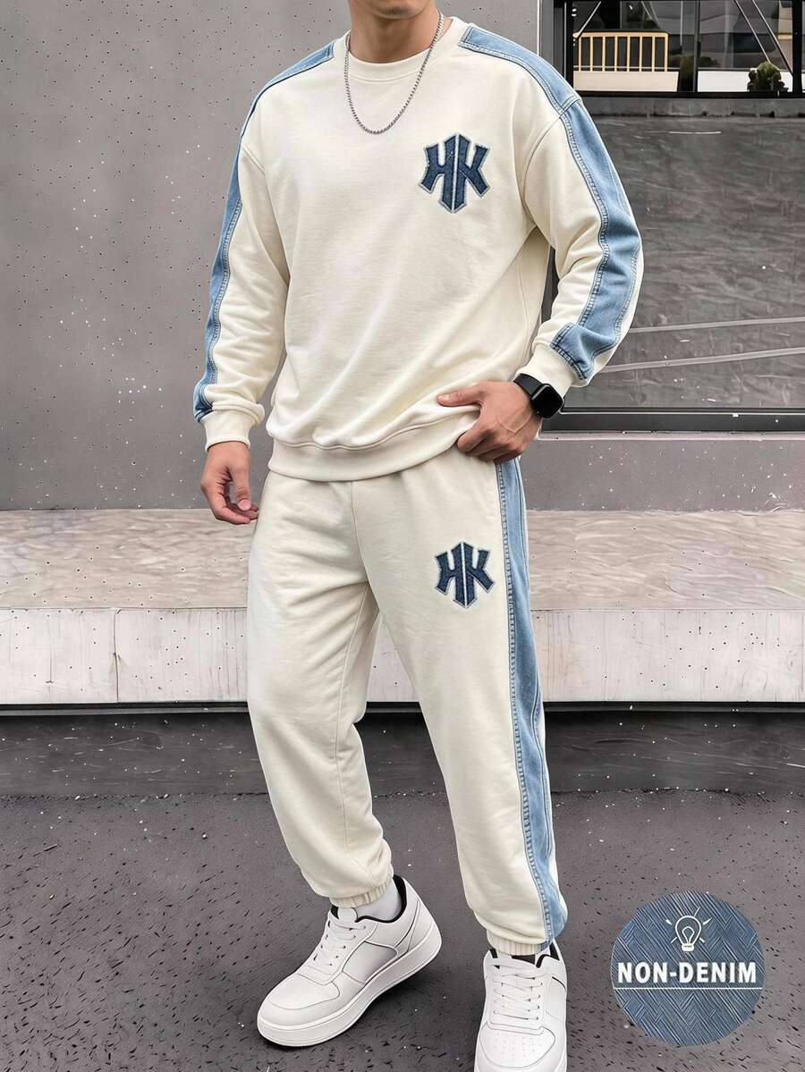 2件組青少年男孩仿丹寧拼接字母貼布繡運動衫與慢跑褲套裝,圓領長袖套頭上衣 + 鬆緊腰長褲,加厚街頭休閒穿搭,適合秋冬 - 彩色 - 查看 1