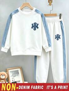 2件組青少年男孩仿丹寧拼接字母貼布繡運動衫與慢跑褲套裝，圓領長袖套頭上衣 + 鬆緊腰長褲，加厚街頭休閒穿搭，適合秋冬 - 彩色 - 查看 3