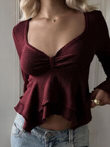 SHEIN EZwear 女款休閒舒適V領酒紅色針織長袖T恤，秋冬款 - 酒紅色 - 查看 6
