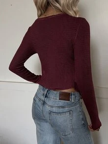 SHEIN EZwear 女款休閒舒適V領酒紅色針織長袖T恤，秋冬款 - 酒紅色 - 查看 2