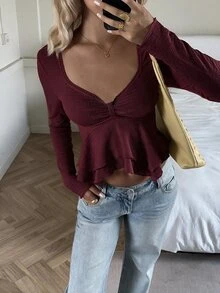 SHEIN EZwear 女款休閒舒適V領酒紅色針織長袖T恤，秋冬款 - 酒紅色 - 查看 1
