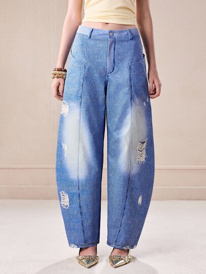 Barévion Women Pants High Waist Barrel Wide Leg Vertical Seam Distressed Whisker Modern Blue Washed Women's Wide Leg Pants Baggy Pants Autumn Outfit Halloween