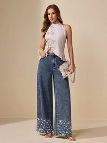 Selenza Women's Elegant Beaded Jeans - Blue - View 4
