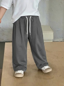 DAZY Pantalones casuales sueltos de pierna ancha con bolsillos y cintura con cordón para niño - Gris - Ver 4