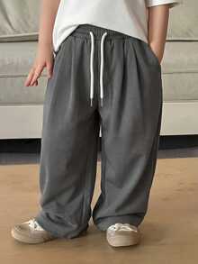 DAZY Pantalones casuales sueltos de pierna ancha con bolsillos y cintura con cordón para niño - Gris - Ver 2