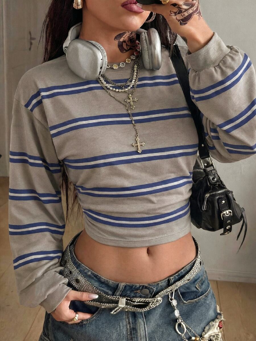 Coolane 女款條紋收腰圓領運動衫,休閒極簡日常百搭,約會外出穿搭,女款秋季服飾,秋季穿搭,女款通勤穿搭,百搭上衣,外出穿搭,機場穿搭 - 白色 - 查看 1