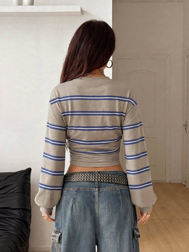 Coolane Women's Striped Cinched Waist Crew Neck Sweatshirt, Casual Minimalist Daily Versatile All-Match, Date Outing Outfit, Women's Autumn Clothing, Autumn Outfit, Women's Commute Outfit, All-Match Top, Outing Outfit, Airport Outfit - White - View 4
