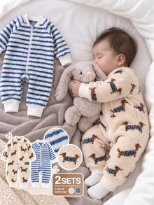 SHEIN Playful Pals 2pcs Baju Terusan Bayi Laki-laki Lucu Manis Warna Krem Biru Berbulu Motif Anjing Bergaris Resleting Manset Lengan Panjang Leher Bulat Tebal untuk Pesta Musim Dingin Musim Gugur Natal - Biru - View 3
