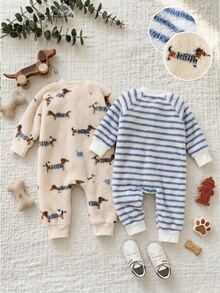 SHEIN Playful Pals 2pcs Baju Terusan Bayi Laki-laki Lucu Manis Warna Krem Biru Berbulu Motif Anjing Bergaris Resleting Manset Lengan Panjang Leher Bulat Tebal untuk Pesta Musim Dingin Musim Gugur Natal - Biru - View 2